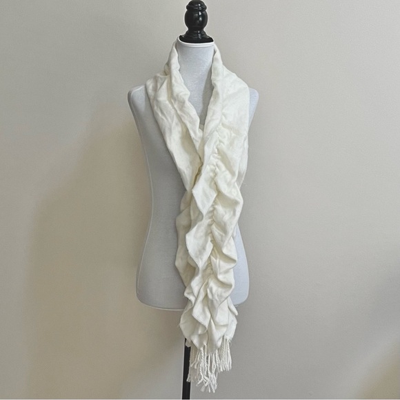 Elegant Ivory Ruffled Scarf with Fringes by Charming Charlie-L 70” x W 13” - Picture 2 of 10